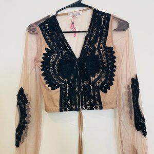 SEXY NET/LACE CROP TOP-BLACK AND BEIGE